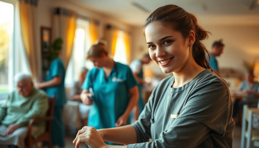 A tranquil elderly care facility, bathed in warm, natural lighting. In the foreground, a young, compassionate care worker, their gentle expression mirroring the serene atmosphere. They tenderly assist an elderly patient, guiding them with a steady hand and a kind smile. In the middle ground, other care workers diligently attend to their duties, their movements fluid and practiced. The background showcases the inviting, homely setting, with tasteful decor and a sense of comfort. The overall scene conveys the dedication, empathy, and skill required to provide excellent elderly care, reflecting the diverse responsibilities of a care worker's profession.