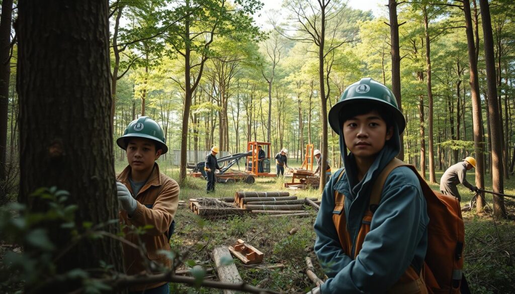 A tranquil forest landscape with a group of young, determined-looking Japanese individuals engaged in a forestry training program. The foreground features three trainees in protective gear, carefully pruning and tending to the trees, their faces filled with a sense of purpose. The middle ground showcases a larger group of trainees participating in various hands-on activities, such as operating machinery and measuring timber. In the background, a lush, verdant forest canopy frames the scene, creating an atmosphere of growth, renewal, and environmental stewardship. Soft, natural lighting filters through the trees, casting a warm glow over the entire composition. The overall mood is one of dedication, learning, and a deep connection to the natural world.