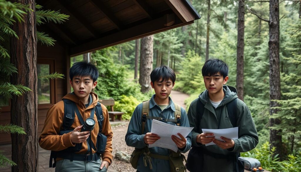 A tranquil forest ranger station, nestled amidst towering evergreens. Three young, serious-faced Japanese individuals, dressed in rugged outdoor gear, standing in the foreground. One holds a compass, another examines a map, while the third takes notes. Soft, natural lighting illuminates their focused expressions. In the background, a winding trail leads deeper into the lush, verdant forest. The scene conveys a sense of learning, exploration, and a deep connection to the natural world.