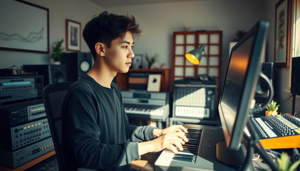 A tranquil home studio filled with an array of music equipment, where a dedicated track producer immerses themselves in the creative process. Soft, natural lighting illuminates the scene, casting a warm, focused atmosphere. In the foreground, a skilled young person with a thoughtful expression sits at a computer, fingers dancing across the keyboard, lost in the rhythmic flow of sound design. Surrounding them, an assortment of sleek audio interfaces, MIDI controllers, and analog synthesizers stand ready to fuel the artist's sonic explorations. The background reveals a minimalist, Japanese-inspired décor, hinting at the producer's refined aesthetic sensibilities. An atmosphere of concentration and passion permeates the image, embodying the dedicated lifestyle of a talented track maker.