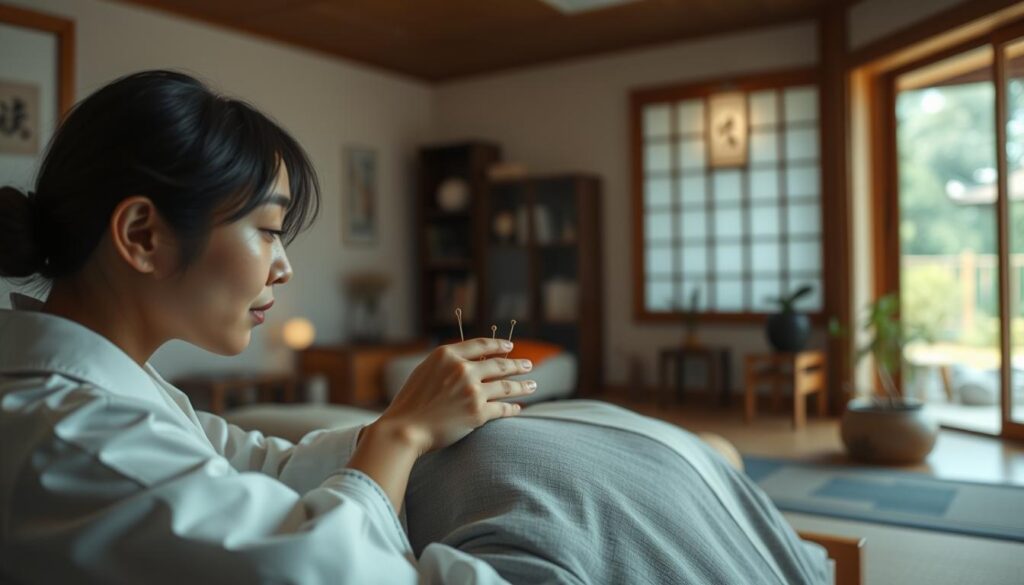 A tranquil, immersive scene depicting the daily routine of a traditional Japanese acupuncturist (きゅう師). The foreground showcases a focused practitioner skillfully administering treatment, their hands steady and precise. The middle ground reveals a serene, minimal treatment room, with clean lines, natural lighting, and traditional Japanese decor elements. The background subtly hints at the broader context, perhaps a glimpse of a tranquil garden or calming natural landscape outside, setting a contemplative, almost meditative mood. The overall atmosphere evokes a sense of harmony, professionalism, and the deeply rooted tradition of this ancient healing practice. The models are young, Japanese-looking individuals, captured in a realistic photographic style.