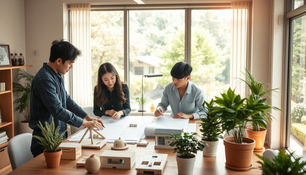 A tranquil landscape design office, bathed in warm natural light filtering through large windows. A team of young, focused Japanese-looking professionals huddle around a table, poring over sketches and plans, engaged in animated discussion. Potted plants and architectural models dot the scene, evoking a serene, nature-inspired atmosphere. In the background, a verdant outdoor garden vista provides inspiration, while the team's concentration and collaborative energy captures the essence of a day in the life of a landscape consulting firm.