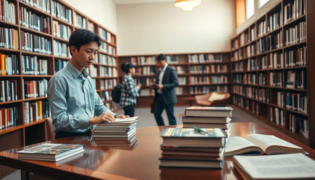 A tranquil library interior, bathed in warm, soft lighting. In the foreground, a young, diligent librarian in a crisp, button-up shirt and slacks, meticulously organizing a stack of books on a polished wooden desk. Behind them, tall bookshelves line the walls, their shelves filled with a diverse array of literature. In the middle ground, a patron approaches the librarian's desk, engaging in a friendly, attentive exchange. In the background, a cozy reading nook invites visitors to lose themselves in the pages of a good book. The scene conveys a sense of professionalism, dedication, and the librarian's crucial role in facilitating knowledge and discovery.