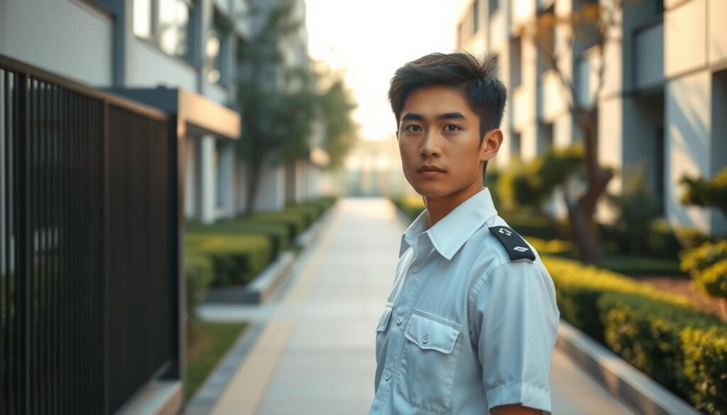 A tranquil morning in a secure facility, where a vigilant guard diligently patrols the grounds. The young Japanese-looking individual, with a serious yet focused expression, meticulously checks the perimeter, ensuring every entrance and exit is secure. In the background, the well-maintained buildings and manicured landscaping convey a sense of order and professionalism. Soft, natural lighting filters through the windows, casting a warm glow over the scene. The guard's uniform is crisp and clean, reflecting the pride and attention to detail in their work. With unwavering concentration, they perform their routine duties, maintaining the safety and integrity of the facility.