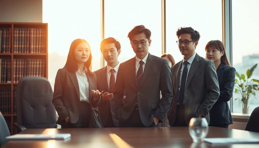 A tranquil office scene, bathed in warm, natural light filtering through large windows. A group of young, Japanese-looking professionals stand around a conference table, deep in discussion. Their expressions are serious, yet contemplative, as they weigh the impact of their decisions on society. In the background, a bookshelf laden with thick volumes hints at the depth of their knowledge and the gravity of their roles as bureaucrats. The scene conveys a sense of responsibility and quiet power, reflecting the significant social influence wielded by these individuals.