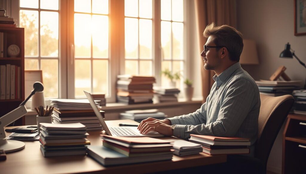 A tranquil office scene, where a diligent editor sits at their desk, laptop open, surrounded by stacks of documents. Warm, diffused lighting filters through large windows, casting a serene glow. The editor pauses, gazing contemplatively out the window, struck by a moment of contemplation, seeking a balance between their dedicated work and personal life. The atmosphere exudes a sense of quiet focus and mindfulness, hinting at the editor's pursuit of equilibrium amidst the demands of their profession. The room is subtly decorated, with personal touches that suggest a well-rounded lifestyle beyond the confines of the office.