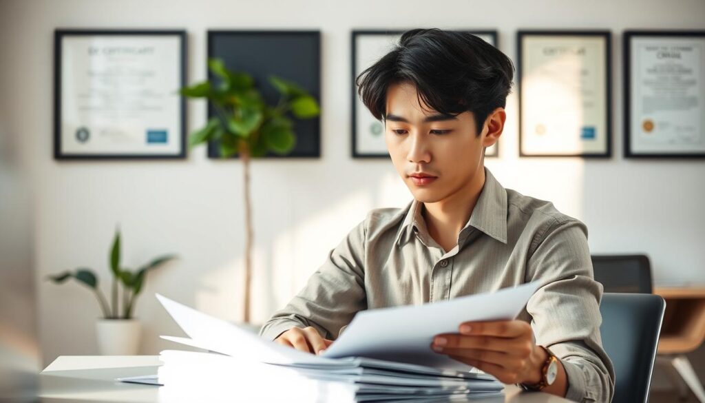A tranquil office setting, bathed in warm, natural lighting. In the foreground, a young professional, a Japanese-looking environmental consultant, sits at a desk, deep in contemplation, their brow furrowed as they study a stack of documents. On the walls, certifications and diplomas hang, signifying their expertise and qualifications. The background is minimalist, with sleek, modern furniture and a potted plant, creating a serene, productive atmosphere. The lens captures the consultant's focused expression, conveying their dedication to their craft and the importance of their environmental consulting role.