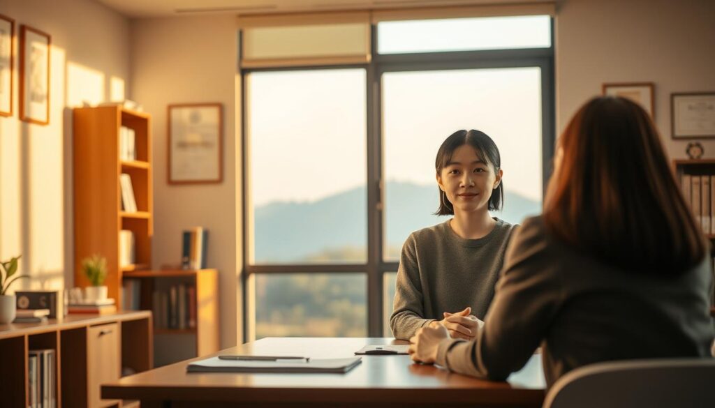 A tranquil office setting, illuminated by warm, natural lighting. In the foreground, a young Japanese-looking counselor sits at a desk, their expression serene and attentive as they consult with a client. The middle ground features bookshelves and certificates on the wall, hinting at the counselor's expertise and qualifications. The background showcases a calming landscape view through a large window, creating a peaceful, contemplative atmosphere. The scene conveys the professionalism and expertise required to attain a counseling certification, while also highlighting the nurturing and supportive nature of the counselor's role.