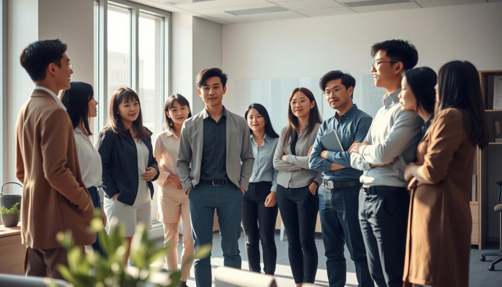 A tranquil office setting with a group of young, Japanese-looking university staff contemplating their future career paths. Soft natural lighting filters through the windows, casting a warm glow on their focused expressions. They stand in a semicircle, engaged in earnest discussion, their body language conveying a sense of determination and purpose. The background is a blend of clean, modern furnishings and subtle hints of the university environment, such as bookshelves and whiteboards. The overall atmosphere exudes a sense of optimism and professional growth, reflecting the promising future prospects of these dedicated individuals.