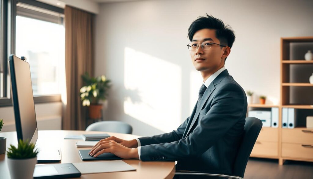 A tranquil office setting with a serene and well-balanced atmosphere. A young, Japanese-looking executive, dressed in formal attire, sits at a neatly organized desk, engaged in thoughtful contemplation. Warm, natural lighting filters through the window, casting a soft glow on the scene. The background features minimalist decor, promoting a sense of calm and focus. The overall impression conveys a harmonious work-life balance, where productivity and personal well-being coexist in harmony.