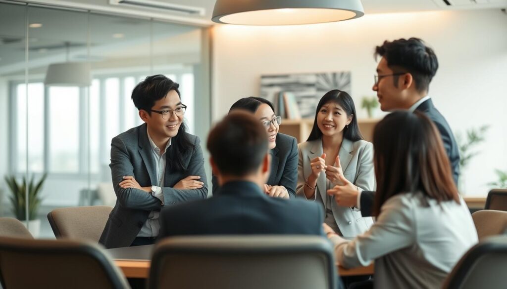 A tranquil office setting, with a team of professional Japanese-looking men and women in their 20s and 30s, gathered around a conference table. They are engaged in a lively discussion, their expressions focused and their body language animated. The lighting is soft and natural, casting a warm glow over the scene. The atmosphere is one of collaboration and intellectual stimulation, with the participants exchanging ideas and strategies to enhance their skills as career consultants. In the background, a modern, minimalist decor with clean lines and subtle accents, creating a serene and productive environment.
