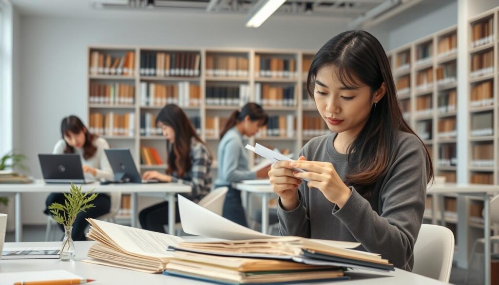 A tranquil office setting with a team of young, Japanese-looking archivists working diligently. The foreground features a woman meticulously organizing files, while her colleagues in the middle ground are engaged in various tasks like digitizing documents and cataloging artifacts. The background showcases a well-lit, modern workspace with minimalist decor and floor-to-ceiling bookshelves filled with historical records. The overall atmosphere conveys a sense of focused professionalism and attention to detail, reflecting the essential skills and responsibilities of an archivist.