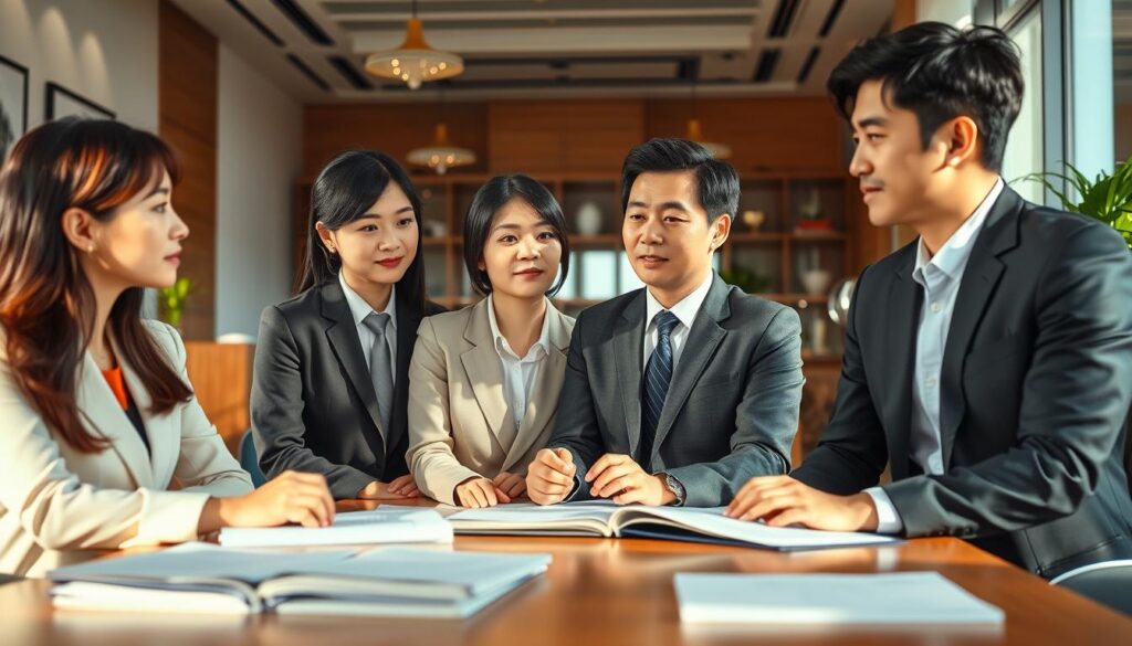 A tranquil office setting with a team of young, Japanese-looking professionals in formal attire, discussing regulatory guidelines and safety standards. The scene is bathed in warm, natural lighting, capturing the seriousness and diligence of their discussion. The foreground features a table with documents and reference materials, while the background showcases a clean, modern workspace with tasteful decor. The overall atmosphere conveys a sense of professionalism, attention to detail, and a commitment to upholding the highest standards in their field.