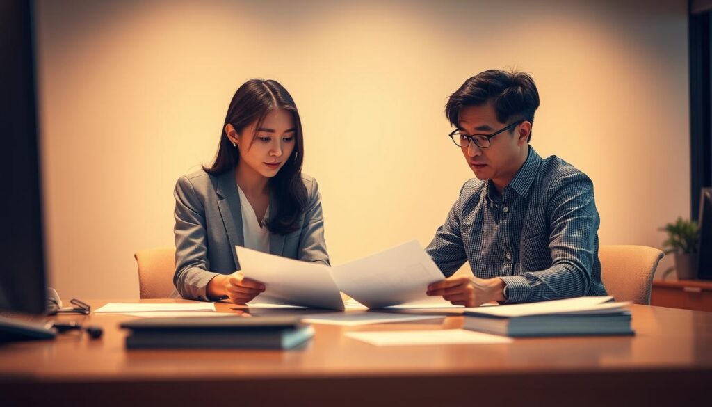 A tranquil office setting with three young Japanese professionals engaged in a focused discussion around a large desk. Warm, indirect lighting casts a contemplative mood as they review documents and collaborate on a project. The scene conveys a sense of thoughtful problem-solving, with the individuals displaying a mix of concentration and determination. Realistic, high-resolution photographic style with subtle depth of field, capturing the nuances of their facial expressions and body language as they tackle the challenges of career development.