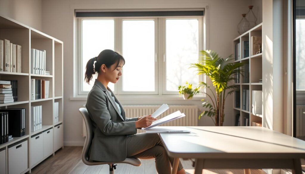 A tranquil office space, bathed in soft, natural light streaming through large windows. A young, professional-looking Japanese woman, dressed in a crisp blazer and trousers, sits at a clean, minimalist desk, engrossed in paperwork. Shelves line the walls, filled with organized folders and books. The room exudes an aura of calm focus, reflecting the thoughtful process of starting an independent counseling practice. A potted plant adds a touch of life, complementing the serene atmosphere. The scene conveys the careful planning and dedication required to embark on this new professional journey.