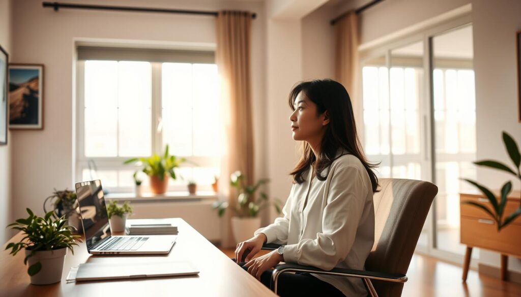 A tranquil office space where a young, Japanese-looking therapist finds balance between work and life. Soft natural lighting filters through large windows, illuminating a minimalist desk adorned with plants and a laptop. The therapist, dressed in casual yet professional attire, sits in a comfortable chair, deep in thought, finding a moment of pause amidst the day's tasks. The atmosphere conveys a sense of mindfulness and well-being, reflecting the therapist's dedication to their own emotional and mental health as they guide others on their journeys.