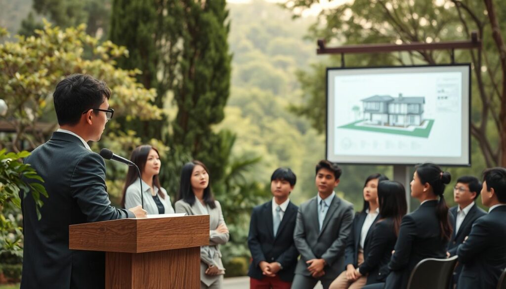 A tranquil outdoor scene with a group of young, Japanese-looking professionals attentively listening to a lecture on exterior design. The foreground features a podium and a projector screen displaying architectural plans, while the middle ground showcases the attentive audience, dressed in smart, business casual attire. The background depicts a serene, natural setting with lush greenery and a calming, diffused lighting that sets a contemplative mood. The overall composition conveys a sense of education, expertise, and a dedication to mastering the art of exterior planning.