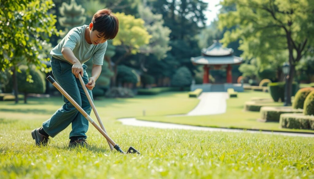 A tranquil scene of a groundskeeper's workday in a Japanese park. The foreground shows a young, focused groundskeeper carefully tending to the lush, manicured grass, their hands deftly wielding garden tools. The middle ground reveals a well-maintained path meandering through the verdant landscape, surrounded by neatly trimmed shrubs and trees. In the background, a traditional Japanese pagoda stands serene, its elegant architecture complementing the harmonious atmosphere. The lighting is soft and natural, casting gentle shadows and highlighting the groundskeeper's diligent movements. The overall mood is one of quiet dedication, reflecting the care and attention required to maintain the park's pristine appearance.
