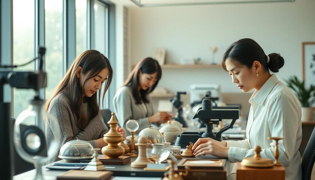 A tranquil scene of a modern appraisal office, bathed in soft, natural lighting filtering through large windows. In the foreground, a team of young, diligent Japanese-looking professionals meticulously examine various antiques and collectibles, their faces reflecting a keen sense of focus and expertise. The middle ground showcases state-of-the-art equipment and technology, used to authenticate and evaluate the items with precision. In the background, a sleek, minimalist décor and a subtle color palette create a serene, professional atmosphere, hinting at the industry's refined aesthetics and attention to detail. The overall composition conveys the latest trends in the appraisal field - a harmonious blend of traditional expertise and cutting-edge techniques.