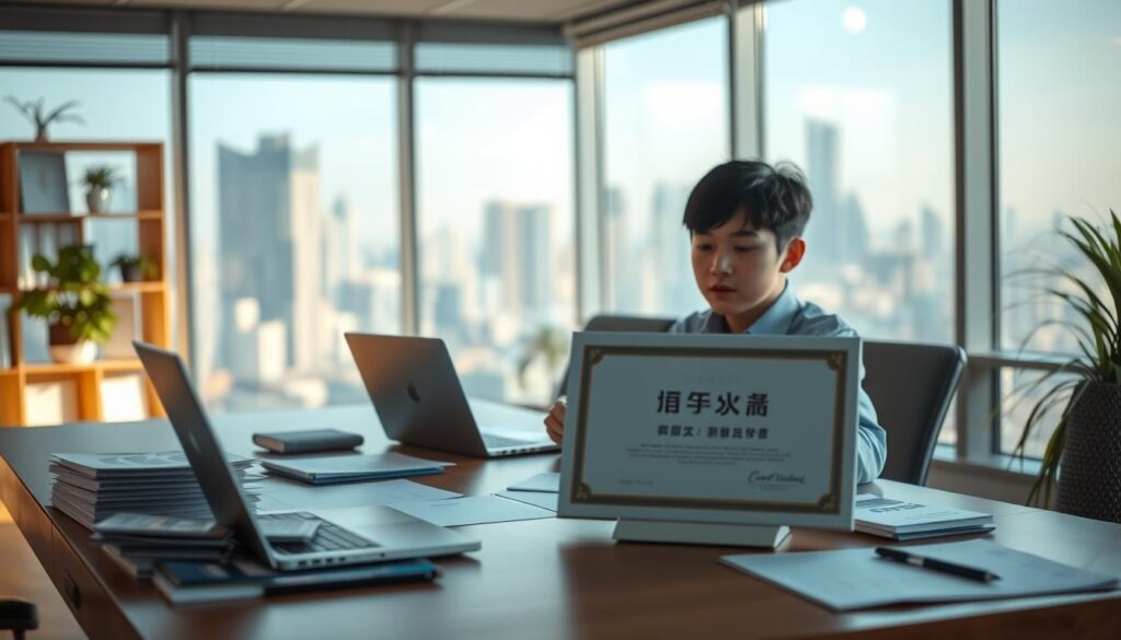 A tranquil scene of a modern office space, illuminated by soft natural light filtering through large windows. In the foreground, a neatly organized desk displays various documents, a sleek laptop, and a certificate prominently displayed, bearing the words "空間情報コンサルタント資格". In the middle ground, a young, professional-looking individual, with a calm and focused expression, sits at the desk, deeply engaged in their work. The background showcases an expansive city skyline, hinting at the breadth of knowledge and expertise required for this specialized role. The overall atmosphere exudes a sense of expertise, diligence, and the pursuit of spatial information consultancy.