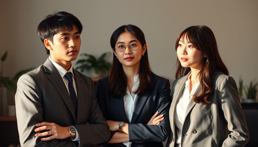 A tranquil scene of three young Japanese professionals in formal attire, standing together and discussing their career options. The lighting is soft and diffused, casting a warm glow on their faces. The background is a nondescript office setting, with a few potted plants and minimalist decor, hinting at the corporate environment. The trio's body language suggests a thoughtful, collaborative atmosphere as they navigate the complexities of leveraging a career transition agent. Their expressions convey a mixture of contemplation, determination, and optimism, reflecting the merits and drawbacks of this specialized employment strategy.
