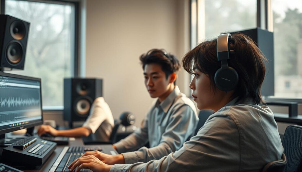 A tranquil studio setting featuring three young, Japanese-looking individuals in their prime, thoughtfully engaged in their work as mastering engineers. Soft lighting filters through large windows, casting a warm, focused glow on their concentrated expressions as they operate audio equipment and scrutinize waveforms on high-resolution displays. The atmosphere exudes a sense of dedication, technical mastery, and an innate understanding of the craft, embodying the ideal personality traits of successful mastering engineers.