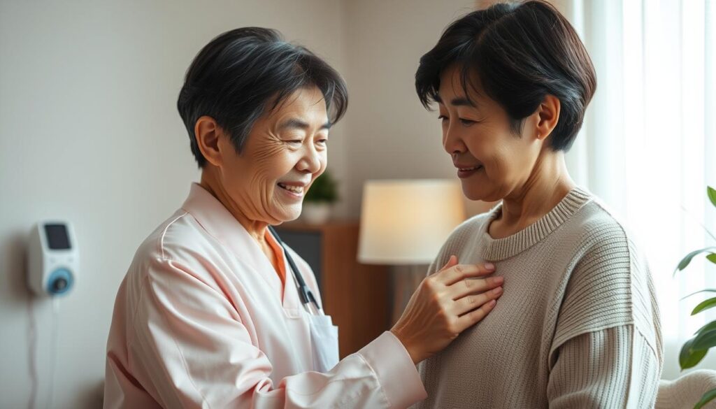 A tranquil, well-lit interior scene depicting a home care worker diligently assisting an elderly Japanese client. The worker, a young, dark-haired Japanese person, attentively checks the client's vitals while maintaining a warm, compassionate demeanor. The scene is framed with a sense of professionalism, highlighting the careful, safety-conscious nature of in-home care. Soft, natural lighting illuminates the scene, creating a soothing, reassuring atmosphere. The client's expression conveys a sense of trust and comfort. Subtle details, such as medical equipment and safety protocols, underscore the importance of safety management in the home care setting.