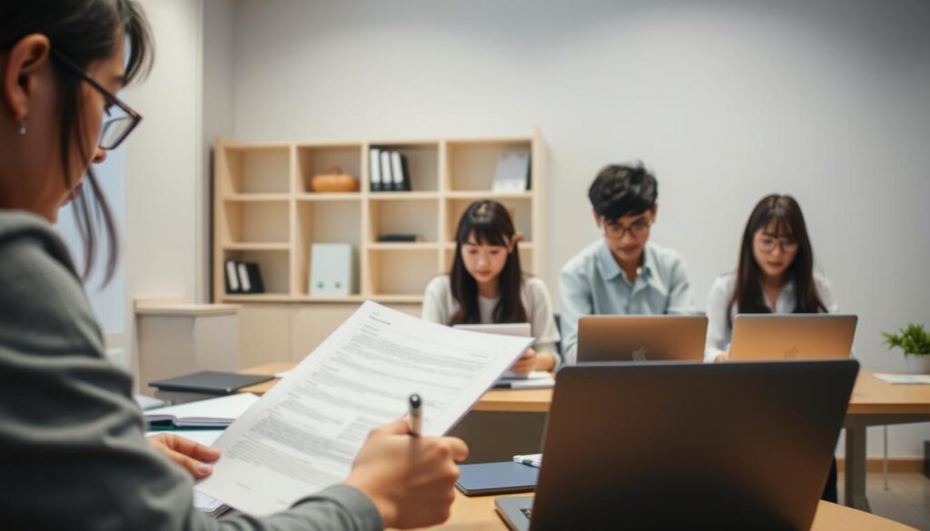 A tranquil workspace with a team of young, attentive Japanese-looking individuals diligently engaged in the editorial process. In the foreground, a person carefully reviews a document, pen in hand, while their colleagues collaborate on laptops and reference materials, illuminated by soft, natural lighting. The middle ground features neatly organized shelves and a tidy desk, conveying a sense of professionalism and attention to detail. The background subtly suggests an office environment, with minimal distractions to allow the editorial team to focus on their important task of meticulously reviewing and refining the content.