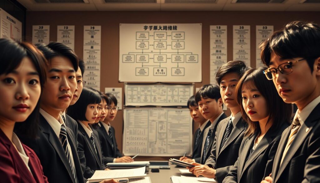 A vast government bureaucracy, its organizational structure a complex web of hierarchies and divisions. In the foreground, a group of young, serious-faced Japanese professionals in formal attire, their expressions conveying a sense of diligence and dedication. The middle ground reveals intricate diagrams and flowcharts, illustrating the decision-making processes that govern the organization. The background is muted, with a sense of formality and order, suggesting the scale and scope of this bureaucratic entity. Warm, natural lighting casts a subtle glow, while a shallow depth of field focuses the viewer's attention on the central figures and their administrative tools. This image captures the essence of the Japanese bureaucratic system, its inner workings, and the individuals who uphold its structure.