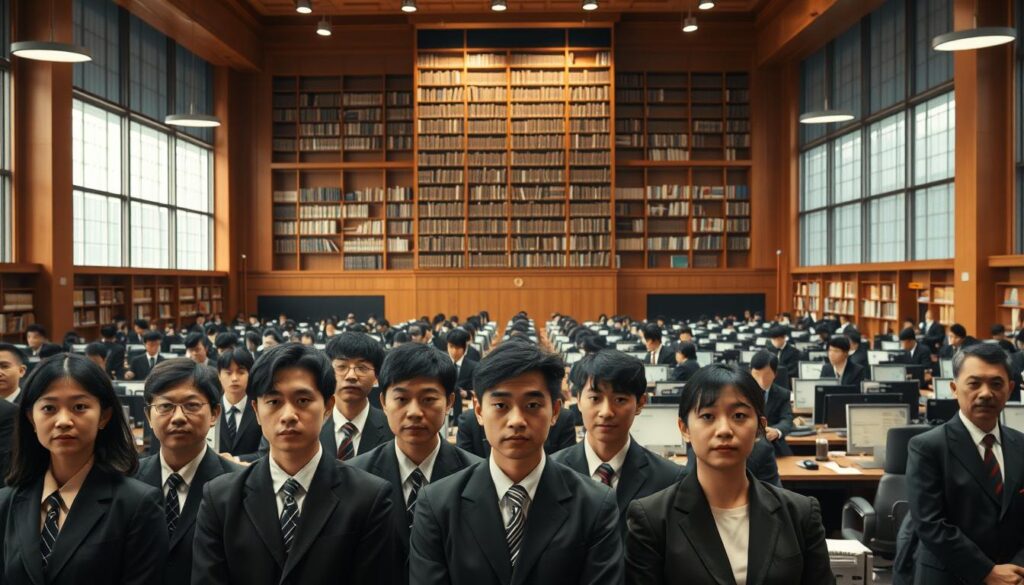 A vast government office, bustling with activity. In the foreground, a group of young, serious-faced individuals stand in a line, their sharp gazes fixed intently. The middle ground reveals rows of desks and computers, where officials in crisp suits meticulously review applications. In the background, a towering bookshelf looms, symbolizing the depth of knowledge required. Warm, natural lighting filters through large windows, casting a sense of professionalism and diligence. The atmosphere exudes a sense of gravity and importance, reflecting the rigorous process of selecting Japan's esteemed civil servants.