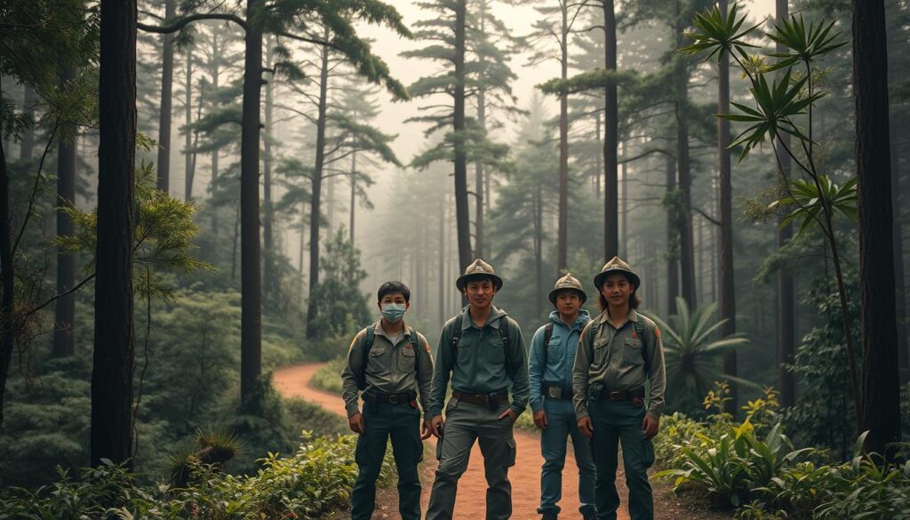 A vast, lush forest with towering trees and a winding path leading through the undergrowth. In the foreground, a group of young, Japanese-looking individuals, dressed in rugged outdoor gear, stand together, their faces determined and focused. They appear to be rangers, embarking on a career journey, their path illuminated by warm, natural lighting that filters through the canopy above. The background is hazy, with a sense of depth and mystery, suggesting the expansive possibilities and challenges that lie ahead on their ranger career path. The image conveys a sense of adventure, camaraderie, and a deep connection to the natural world.