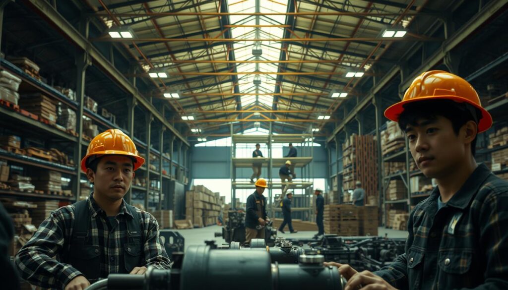 A vast warehouse interior, dimly lit with industrial lamps. In the foreground, three workers in hard hats and overalls carefully maneuver heavy machinery, their faces concentrated yet determined. In the middle ground, a group of workers erect scaffolding, their movements coordinated and efficient. The background reveals the scope of the workspace - towering shelves, stacked crates, and the occasional glimpse of an open sky. The scene exudes a sense of organized chaos, the hustle and bustle of a skilled trade at work. The models are young, dark-haired Japanese men, their expressions conveying the intensity and focus required of their profession.