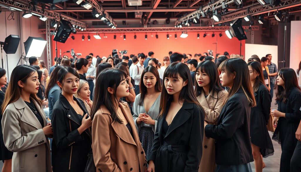 A vibrant and bustling fashion industry network, bustling with young, Japanese-looking models in a lively, realistic photoshoot setting. The foreground features a group of models in chic, high-fashion attire, engaged in deep conversation, their expressions animated and their body language conveying a sense of connection and collaboration. The middle ground showcases other models and industry professionals mingling, exchanging ideas and making connections. The background is a meticulously detailed, high-end studio setting, complete with professional lighting, equipment, and an air of creativity and innovation. The overall atmosphere is one of energy, creativity, and the power of human relationships in the fashion world.