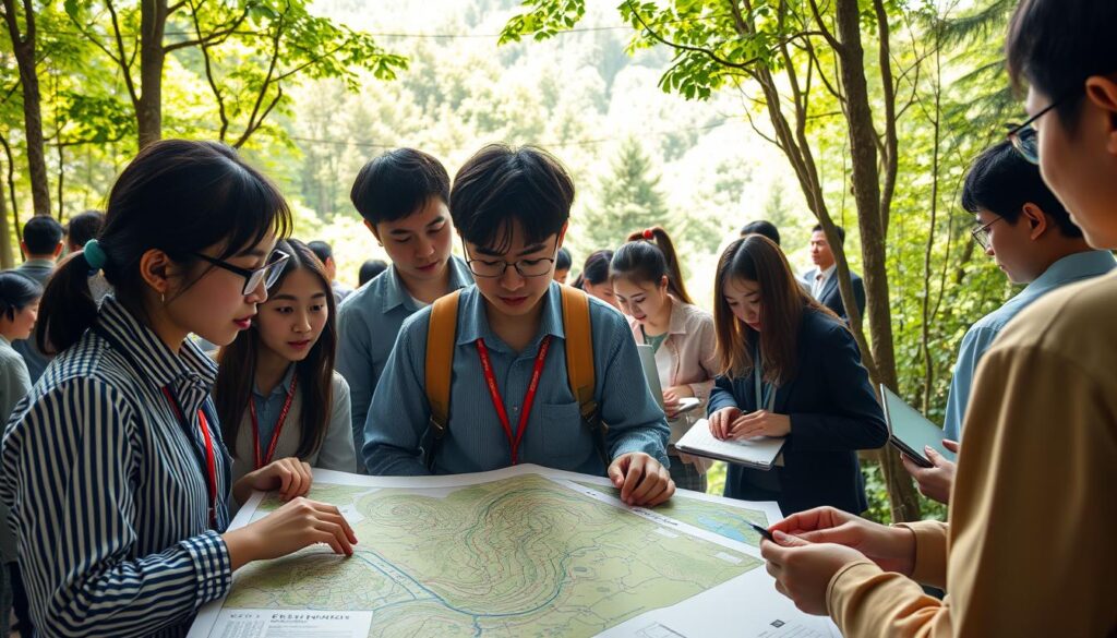 A vibrant and bustling forest consulting market, filled with young Japanese professionals engaged in collaborative work. In the foreground, a group of consultants huddle around a detailed topographic map, their expressions focused as they discuss strategies for sustainable forest management. In the middle ground, others pore over laptop screens, analyzing data and compiling reports. The background reveals a lush, verdant landscape, sunlight filtering through the canopy, creating a serene and tranquil atmosphere. The scene conveys the dynamic nature of the forest consulting industry, where innovative solutions and data-driven insights drive progress in environmental stewardship.