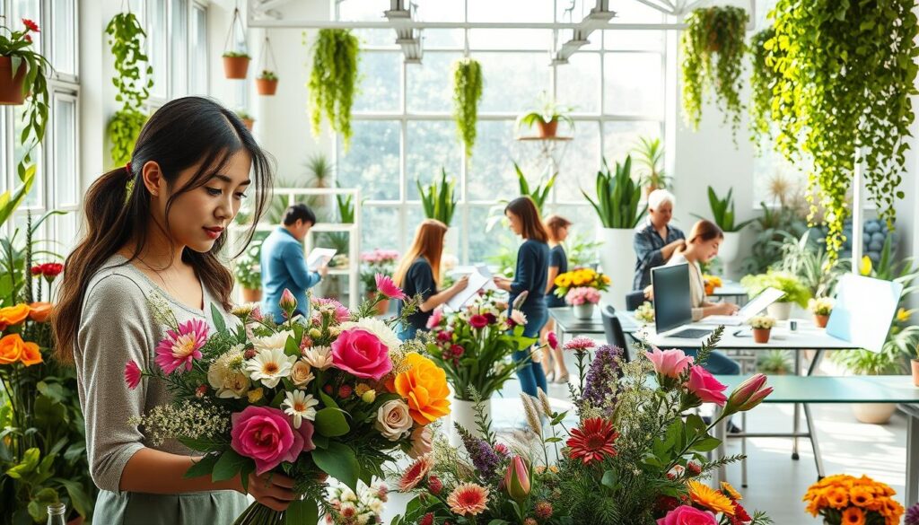 A vibrant and diverse floral design studio, illuminated by natural light filtering through large windows. In the foreground, a young Japanese-looking woman carefully arranges a bouquet of fresh flowers, her concentration evident. In the middle ground, several colleagues collaborate at modern workstations, discussing color palettes and sketching new designs. The background reveals a lush indoor garden, where potted plants and hanging vines create a serene, verdant atmosphere. The overall scene conveys the creativity, teamwork, and passion inherent to the floral design profession.