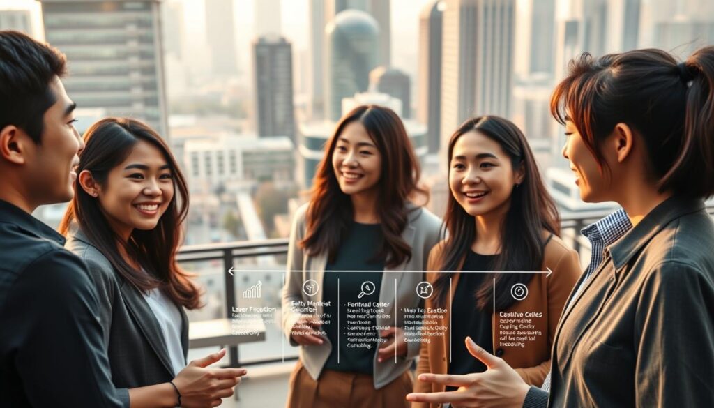A vibrant and dynamic career path unfolding before young, ambitious fundraisers. In the foreground, a group of diverse Japanese-looking individuals, their expressions determined and focused, engage in a lively discussion, hands gesturing as they chart their course. The middle ground reveals a timeline of key milestones, from entry-level positions to executive roles, each step represented by sleek, minimalist icons. In the background, a cityscape of modern high-rises and bustling streets, symbolizing the wide-ranging opportunities and challenges that await these aspiring fundraising professionals. Soft, warm lighting bathes the scene, conveying a sense of optimism and possibility. This image captures the essence of the fundraiser's career journey - a path filled with growth, collaboration, and the pursuit of meaningful impact.