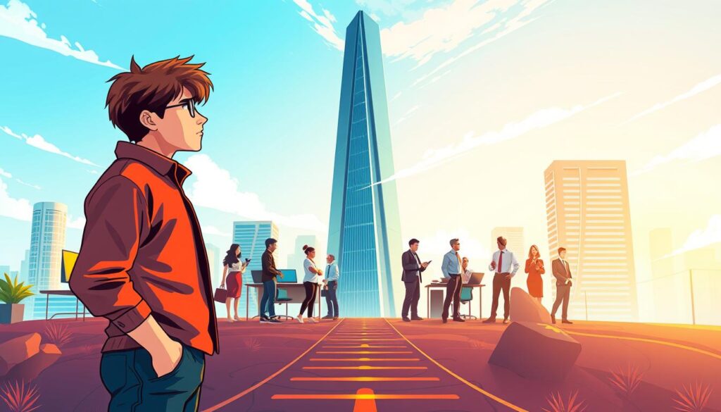 A vibrant and dynamic illustration depicting the career progression of a systems engineer. In the foreground, a young, focused individual stands at a crossroads, deliberating their next steps. The middle ground showcases a variety of roles and responsibilities, from software development to project management, represented by a diverse cast of professionals in a sleek, modern office setting. In the background, a towering skyscraper symbolizes the pinnacle of the systems engineering field, casting an aura of ambition and achievement. The scene is bathed in warm, natural lighting, conveying a sense of optimism and growth. The attention to detail and the careful composition create a visually captivating and inspirational image that captures the essence of a systems engineer's career journey.