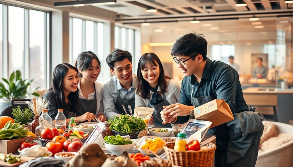 A vibrant and dynamic image showcasing the trends and market dynamics of the food industry. In the foreground, a group of young, Japanese-looking professionals gather around a table, engaged in animated discussion. Their expressions convey a sense of collaboration and innovation. The middle ground features various food-related elements, such as fresh produce, culinary tools, and packaging designs, hinting at the diverse products and technologies shaping the industry. The background subtly conveys a sense of growth and expansion, with sleek office spaces and modern cityscapes. Warm lighting and a polished, photorealistic aesthetic lend an air of professionalism and authority to the scene, reflecting the authoritative nature of the article's subject matter.