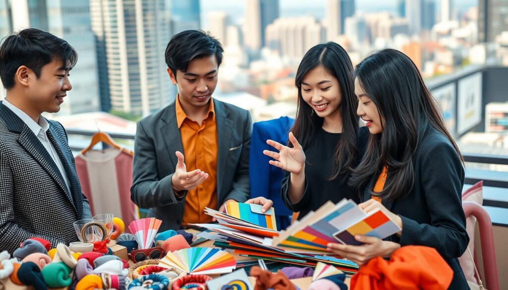 A vibrant and dynamic scene depicting the growing demand and market trends for color coordinators in Japan. In the foreground, a group of young, professional-looking Japanese individuals, with sleek black hair and refined features, are engaged in a lively discussion, gesturing animatedly as they examine color palettes and fabric samples. The middle ground showcases an array of colorful fashion items, accessories, and decor pieces, hinting at the diverse applications of color coordination. In the background, a blurred cityscape with modern high-rise buildings and a bustling urban environment suggests the thriving industry and the increasing importance of color experts in the Japanese market. The scene is illuminated by warm, natural lighting, creating a sense of energy and opportunity.
