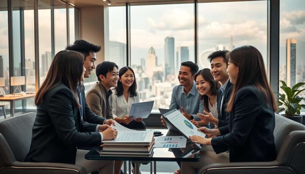A vibrant and dynamic scene depicting the growing demand for career consultants in Japan. In the foreground, a diverse group of young, professional-looking Japanese individuals engaged in animated discussions, surrounded by charts, graphs, and laptops, reflecting the data-driven nature of their work. The middle ground showcases a modern, open-concept office setting with sleek furniture and floor-to-ceiling windows, bathed in warm, natural lighting. In the background, a bustling city skyline hints at the thriving urban environment in which these career consultants operate, underscoring the importance of their services in a rapidly evolving job market.