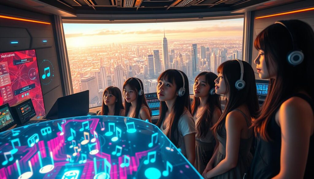 A vibrant and dynamic scene of the future music industry, showcasing young Japanese-looking models immersed in a technologically advanced environment. In the foreground, a group of models stand amid a captivating display of holographic music visualizations, their expressions conveying a sense of awe and wonder. The middle ground features a sleek, futuristic recording studio, with cutting-edge equipment and innovative interfaces. The background is a sprawling cityscape, hinting at the vast scale and interconnectedness of the evolving music landscape, with skyscrapers and glowing neon accents. The lighting is a harmonious blend of natural and artificial illumination, creating a sense of depth and atmosphere. The overall mood is one of excitement, innovation, and the boundless potential of the music industry's technological transformation.