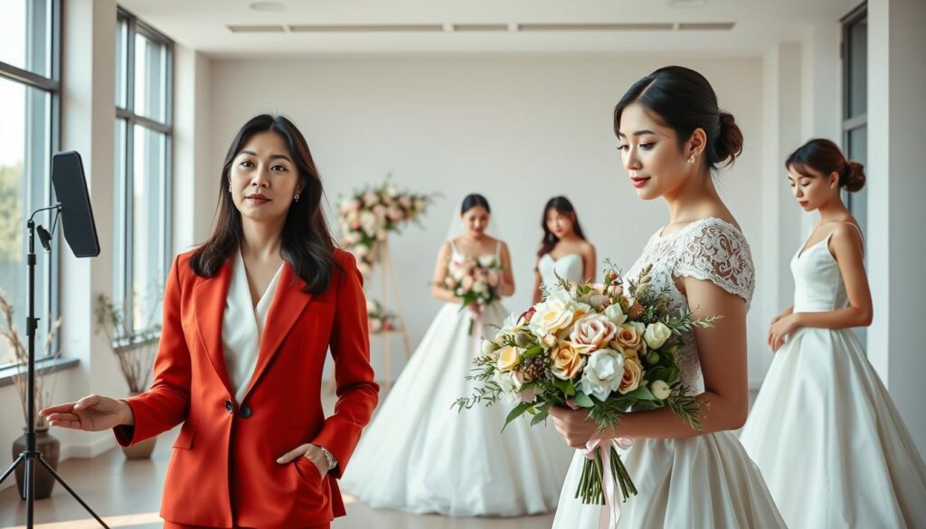 A vibrant and dynamic scene of three professional women in the bridal industry, showcasing their diverse talents and leadership roles. The foreground features a stylish wedding planner in a chic power suit, confidently directing a photoshoot with two models wearing exquisite bridal gowns. In the middle ground, a florist arranges a breathtaking bouquet, her skilled hands capturing the beauty of the flowers. The background depicts a modern, minimalist wedding venue, with large windows allowing natural light to flood the space, creating a serene and elegant atmosphere. The models, all with youthful, Japanese-inspired features, exude poise and confidence, embodying the growing prominence of women in this dynamic field.