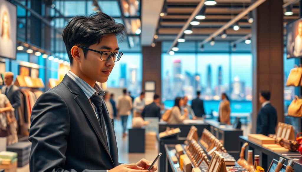 A vibrant and dynamic scene showcasing the allure of a buyer's profession. In the foreground, a young Japanese-looking professional, dressed in a sharp, tailored suit, exudes confidence and passion as they carefully inspect an array of high-quality products. The middle ground reveals a bustling, well-lit showroom filled with intriguing merchandise, hinting at the vast possibilities and creative choices a buyer must navigate. In the background, a serene and inspiring city skyline provides a sense of global connectivity, underscoring the international scope and impact of the buyer's role. The lighting is warm and inviting, capturing the exhilaration and fulfillment inherent in the buyer's work. This image celebrates the unique challenges, responsibilities, and rewards that define the captivating world of the professional buyer.