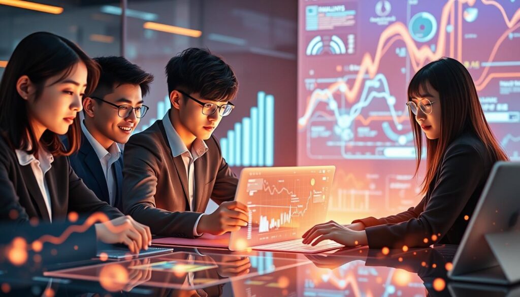 A vibrant and futuristic digital technology landscape, showcasing a team of young, Japanese-looking professionals collaborating on cutting-edge financial planning tools. The scene is bathed in a warm, ethereal glow, with sleek, minimalist workstations and holographic displays projecting complex data visualizations. The team members, portrayed in a realistic photographic style, are deeply engaged in their work, their expressions conveying a sense of innovation and determination. The overall atmosphere evokes a sense of technological progress and the seamless integration of modern FP practices with the latest advancements in digital and AI-driven financial planning solutions.