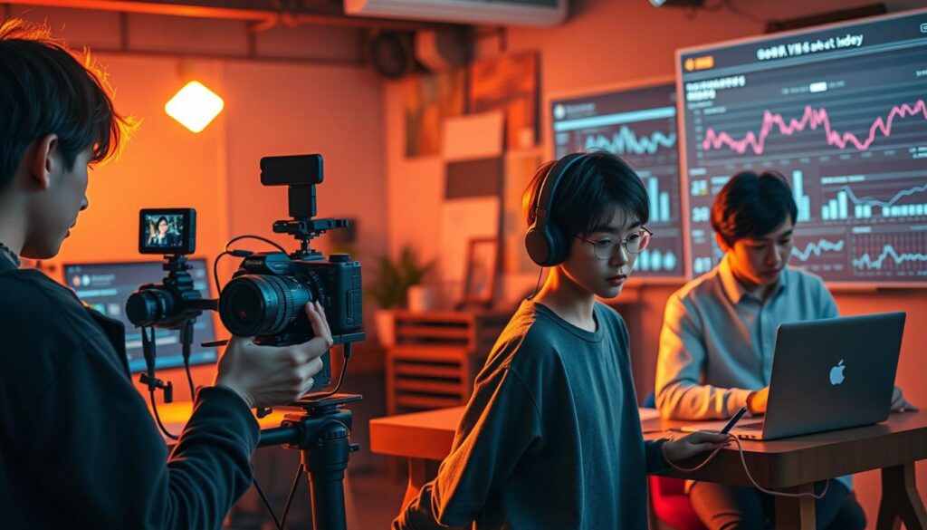 A vibrant and hyperrealistic image showcasing a group of young Japanese YouTubers, each engrossed in their respective tasks. In the foreground, a content creator films a video using a high-end DSLR camera, the warm glow of studio lighting casting a soft, cinematic atmosphere. In the middle ground, an editor meticulously refines footage on a sleek, state-of-the-art workstation, while a social media manager diligently schedules posts on their laptop. In the background, a data analyst scrutinizes detailed analytics, visualizing the channel's growth and audience engagement. The overall scene conveys the diverse and dynamic nature of a YouTuber's work, with each individual playing a crucial role in the success of the digital content creation process.