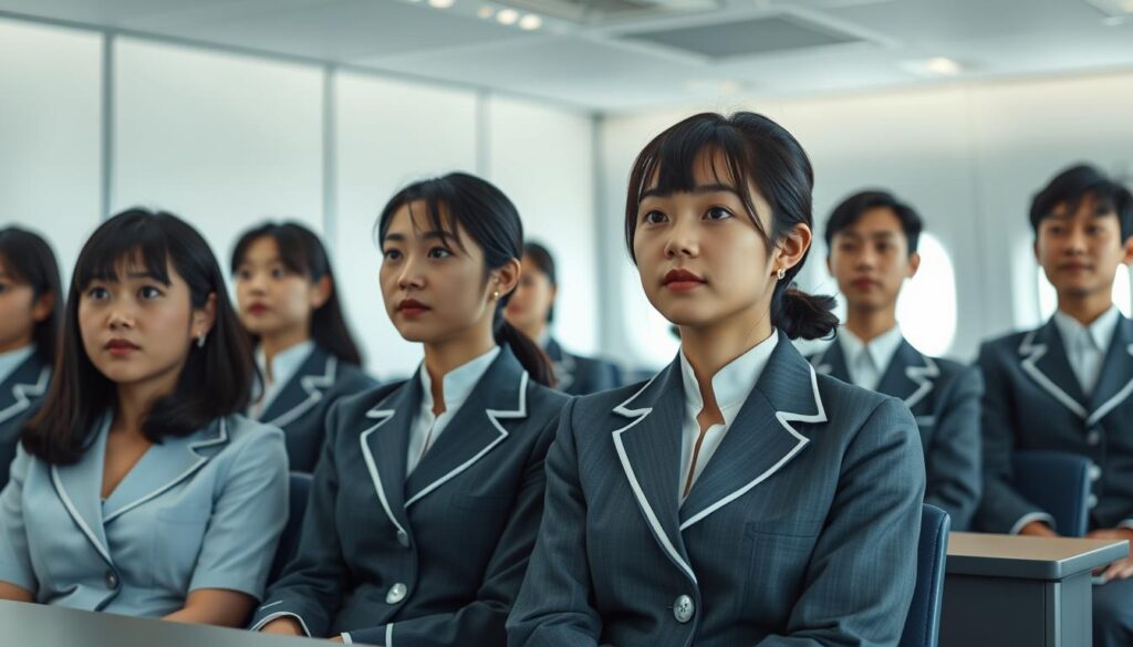 A vibrant and immersive cabin crew training program set in a modern, minimalist classroom. The scene features a group of young, focused Japanese-looking trainees sitting attentively, their dark hair and youthful features reflecting the realistic photographic style. Soft, diffused lighting illuminates the clean, professional environment, creating an atmosphere of learning and dedication. The trainees are dressed in crisp, tailored uniforms, conveying the discipline and attention to detail inherent in their future roles. The composition emphasizes the sense of training and preparation, capturing the essence of the "研修制度と教育体制" section of the article.