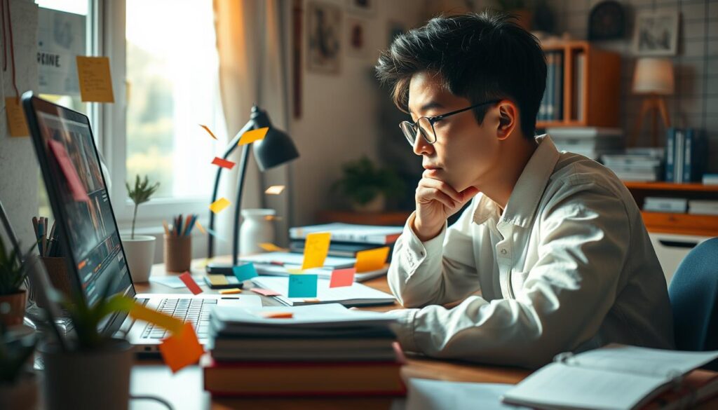 A vibrant and immersive scene of a creative scenario writer deeply immersed in their work. In the foreground, the writer sits at a neatly organized desk, a pensive expression on their youthful, Japanese-inspired face as they ponder their next masterful plot twist. Soft, natural lighting filters through the window, casting a warm glow over the writer's workspace, which is adorned with inspirational notes, reference materials, and the gentle glow of a laptop screen. In the middle ground, an array of colorful sticky notes and scribbled ideas flutter across the desk, capturing the writer's boundless imagination. The background features a cozy, minimalist home office, hinting at the writer's dedication and focus. The overall atmosphere conveys a sense of intense creative flow, reflecting the joy and fulfillment of the scenario writer's craft.