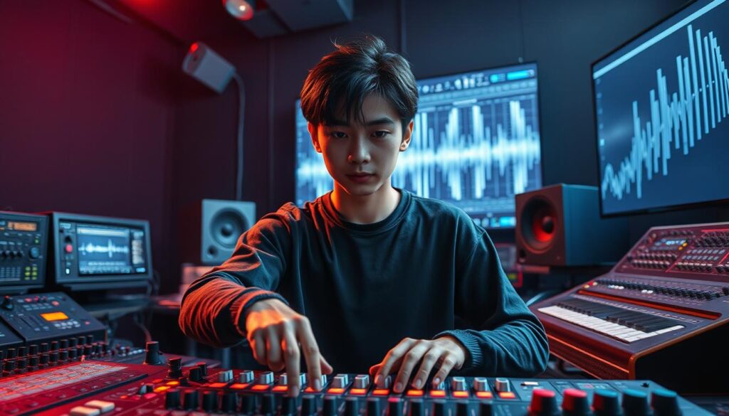 A vibrant and immersive scene showcasing the career achievements of a skilled manipulator in the music industry. Set against a dimly lit, atmospheric studio backdrop, the protagonist stands center stage, fingers expertly manipulating various audio equipment and instruments. The lighting casts dramatic shadows, emphasizing the focus and concentration on their face. The mid-ground features an array of state-of-the-art mixing consoles, knobs, and sliders, reflecting the technical mastery required. In the background, a wall-sized screen displays a visualization of sound waves, adding depth and a sense of the manipulator's creative prowess. The model has a youthful, Japanese-inspired appearance, exuding a sense of confidence and dedication to their craft.