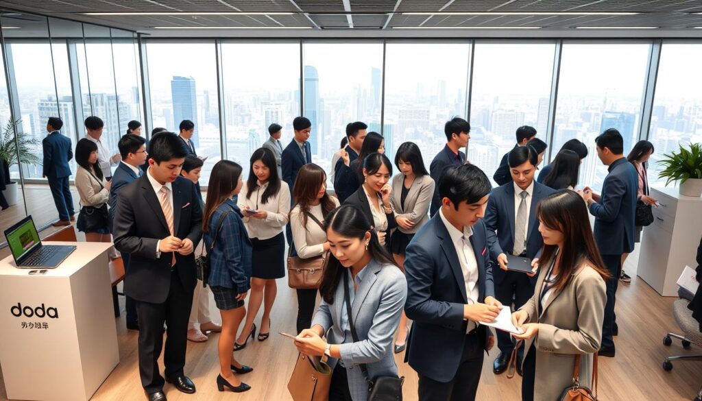 A vibrant and modern office scene showcasing the comprehensive career support services of doda, a leading Japanese employment agency. In the foreground, a diverse group of young, professional-looking Japanese individuals are engaged in various activities, such as consulting with doda representatives, reviewing job listings on laptops, and networking. The middle ground features a sleek, minimalist interior design with clean lines, neutral colors, and subtle branding elements that convey the agency's expertise and trustworthiness. The background depicts a panoramic view of a bustling city skyline, hinting at the wide range of opportunities doda can provide for its clients. The overall atmosphere is one of productivity, collaboration, and a sense of confidence in navigating the job market.