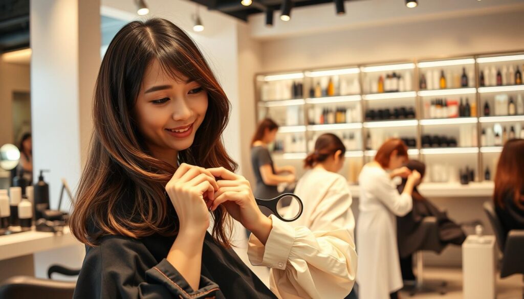 A vibrant and stylish salon interior, softly lit with warm tones. In the foreground, a young, fashionable Japanese stylist confidently measures a client's hair, her skilled hands guiding the scissors with precision. The client's expression exudes contentment, reflecting the stylist's expertise. In the middle ground, other stylists work diligently, their focus evident as they transform their clients' looks. The background showcases modern, minimalist décor - sleek shelves displaying an array of professional styling products. An atmosphere of creativity and tranquility pervades the space, hinting at the potential for increased income through exceptional service and satisfied customers.